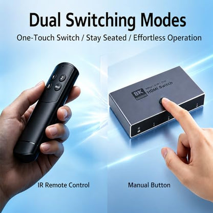 8K HDMI Switch: HDMI 2.1 Switcher 3 in 1 Out Supports CEC 8K@60Hz, 4K@240Hz, HDCP 2.3 HDR 3D Dolby Atmos VRR IR Remote Compatible with Popular Gaming Consoles and Media Devices