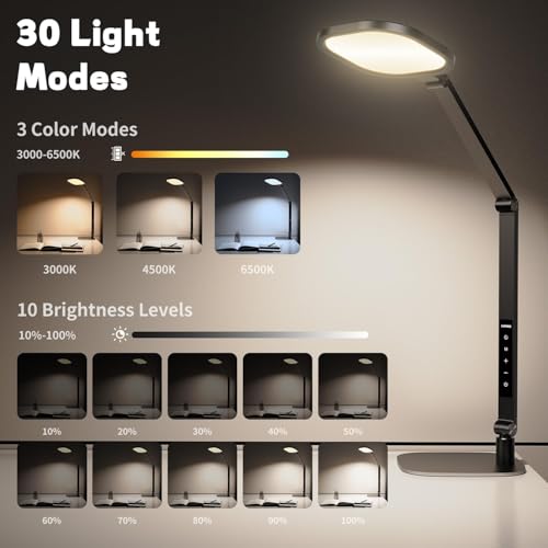 LED Desk Lamp for Home Office, Soft Edge-lit Design, Modern Style | Professional Eye-Caring Diffused Light, Dimmable Computer Light with 30 Modes, Memory & Timer, Flexible Swing Arm Table Lamp - color: Black (2-Pack)