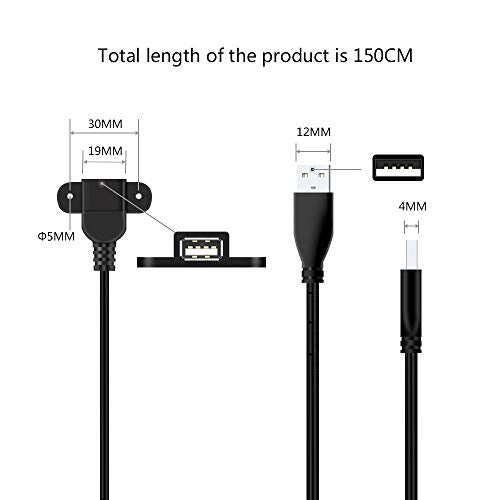 QiCheng&LYS USB 2.0 Male to Dual Female Charging Extension Cable, Furniture nightstand Sofa Electric Vehicle on-Board Charging Port, Panel Mount Cable with Screw Hole 5ft (2 pcs and Adapter) - color: 2 pcs Dual Female with Adapter