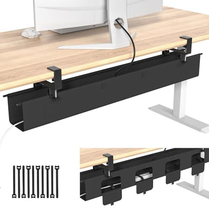 No Drill Under Desk Cable Management Tray, 47.5” Fabric Clamp Mount Cord Organizer for Table, Heavy Duty Wire Management for Office Home, Black - size: 48 inch