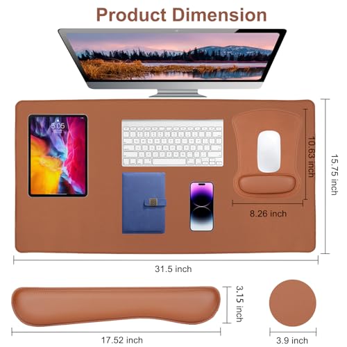 MOSISO Keyboard Mouse Pad Set, PU Leather Large Gaming Mousepad&Keyboard Wrist Rest&Mouse Wrist Rest&Coaster, Ergonomic Non-Slip Mousepad&Easy Typing Cushion with Memory Foam for Home Office, Brown