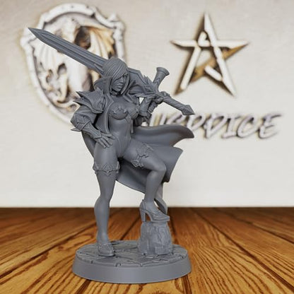 AUSPDICE Elf Warrior 32mm Unpainted Fantasy Miniature with Sword AS379 | 6.3cm Female Elf Fighter Figure with Sword, Armor and Cape for Dungeons and Dragons, TTRPGs and Dungeon Masters