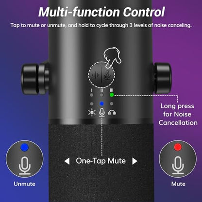 TONOR Dynamic Gaming Microphone, XLR/USB Microphone for Content Creators with AI Noise Cancellation, RGB, Tap Mute, Gain Control, Microfono with Boom Arm for Streaming, Black, TD510 AIR S H+