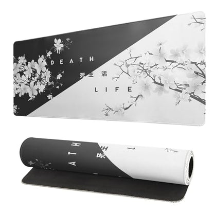 Black and White Mouse Pad 31.5 X 11.8 Inch Japanese Cherry Blossom Extended Large Mouse Mat Non-Slip Rubber Mousepad Stitched Edges Keyboard Mouse Mat Desk Pad for Office Home Game - color: Black and White