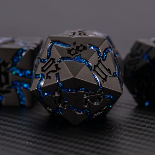 Cracked Rune Metal Dice Set for DND & RPG – Dark Fantasy Fractured Design, Premium Heavy Metal Polyhedral Dice with Deep Engraved Numbers, 7-Piece Set – Blue Arcane Vein - color: Pearl Gun Bright Blue