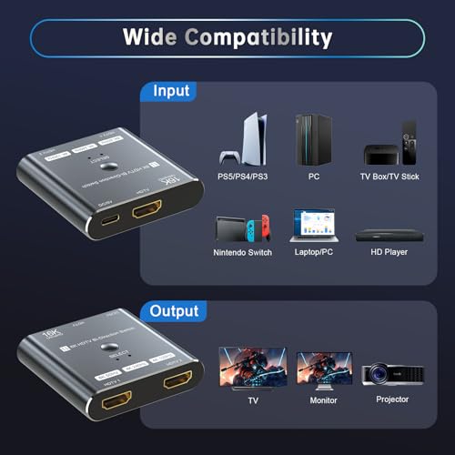 4K 240Hz HDMI 2.1 Bi-Directional Switch - 2 in 1 Out Switcher/1 in 2 Splitter Supports 8K@60Hz & 4K@60Hz,Compatible with PS5，Xbox，Roku Firestick ，Computers，etc