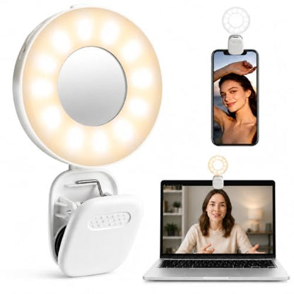 Clip on Ring Light, Stepless Dial Control Selfie Light for iPhone Phone, Rechargeable Portable LED Phone Light for Women, Girls, Makeup, Selfies, Video, Live Streaming, Online Meetings