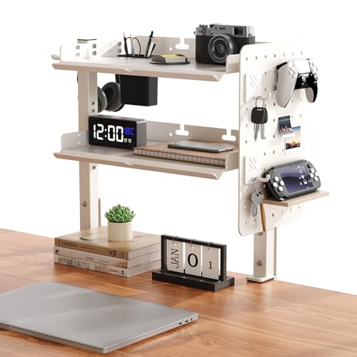 Metal Clamp On Desk Shelf,Storage Shelves with Pegboard and Pencil Holder | 2-Tier Adjustable 16 inch Above or Under Heavy Duty Desktop Organizer with Headphone Holder for Desk Accessories (White) - color: White