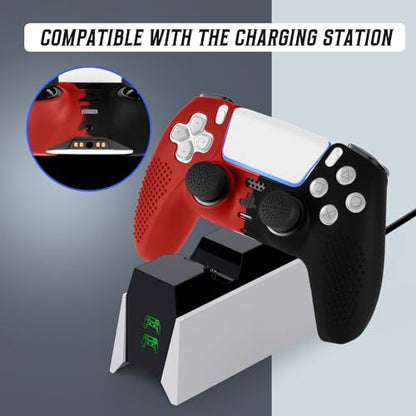 PS5 Controller Skin, Anti-Slip Soft Silicone Protective Cover Case for PlayStation 5 Controller Grip Accessories, 2 Pack with 8 x Thumb Grip Caps (Black&Red) - color: Black&Red
