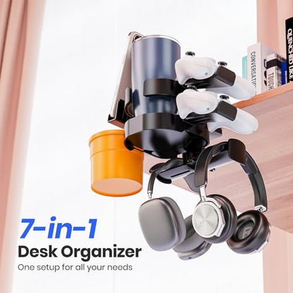 7-in-1 Desk Cup Holder - EURPMASK Organizer with Headphone, Controller Holder, Snack Bucket, and Phone Holder, Clamp-On Desk Accessory with Sturdy Large Storage, Easy to Install, Black - color: Black