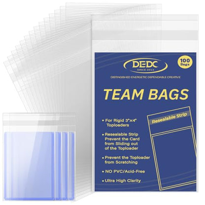 DEDC 100 Pcs Team Bags for Trading Cards, Team Bag Fit 3x4inch 35PT Top Loaders for TCG MTG Shipping Sports Graded Card TOP Loader Sleeves Protector - size: 100 pcs Standard