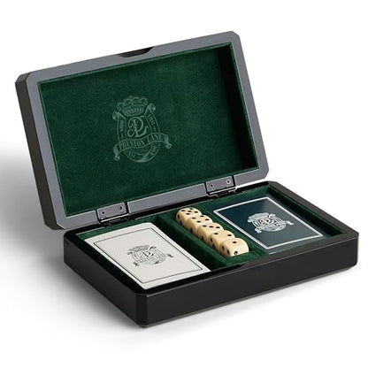 Preston Lane Chester Wooden Game Box - Playing Cards & Dice Set, Home Decor | Playing Cards Holder, Dice Set and Tray, Velvet Lined, Coffee Table Decor for Living Room, Adults and Family Game Nights