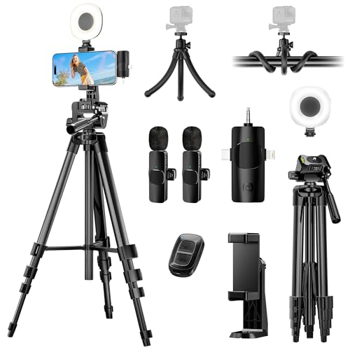 UBeesize Vlogging Kit for Phone with 2 Wireless Mics, 2 Tripods & LED Light | Content Creator Essentials, 64" Tripod, Flexible Tripod, 2 Lavalier Mics, LED Fill Light, Phone Holder & Bluetooth Remote