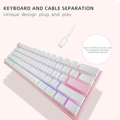 ONE-UP Portable 60% Mechanical Gaming Keyboard LED Backlit Compact 61 Keys Mini Wired Office Keyboard with Blue Switch PBT Keycaps for Windows Laptop PC Mac.（White/Pink） - color: Pink/White
