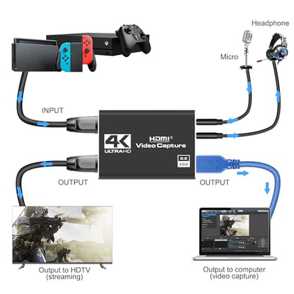 Capture Card 4K Video HDMI to USB 3.0 | for Video Streaming 1080P 60FPS Device Work for PS5/PS4/Switch 2/Xbox/PC/Camera/OBS, Game Screen Recorder Streaming Equipment