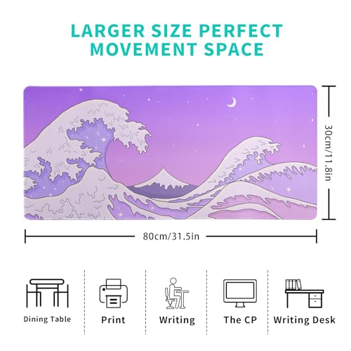 Purple Japanese Sea Wave Gaming Mouse Pad - Large Desk Mat with Non-Slip Base and Stitched Edge for Gaming and Office - 31.5x11.8 Inch - color: Purple Japanese Sea Wave