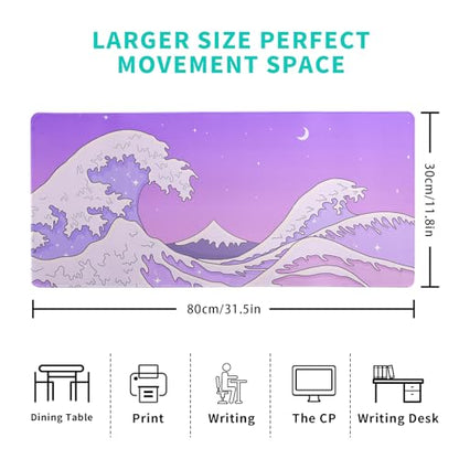 Purple Japanese Sea Wave Gaming Mouse Pad - Large Desk Mat with Non-Slip Base and Stitched Edge for Gaming and Office - 31.5x11.8 Inch - color: Purple Japanese Sea Wave