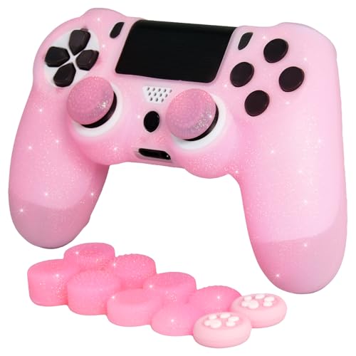 Pink Glitter Anti-Slip Protective Silicone Cover Skin Grips Compatible with PS4/Slim/Pro Controller,8 PCS Glitter Thumb Grips Caps and 2 Grips Caps. (Glitter Pink) - color: Glitter Pink