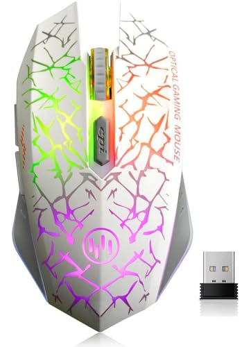VEGCOO C12 Wireless Gaming Mouse,Rechargeable Mice Silent Click Cordless Mouse with 6 Buttons PC Gaming Mice Advanced Technology with 2.4GHZ Up to 2400DPI for PC Laptop (White) - color: White