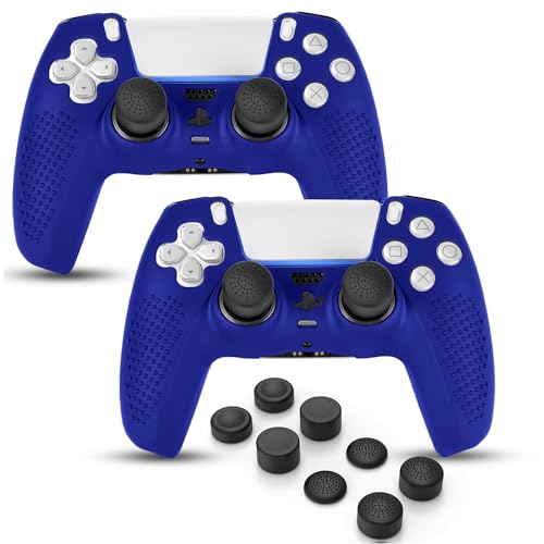 PS5 Controller Skin, Anti-Slip Soft Silicone Protective Cover Case for PlayStation 5 Controller Grip Accessories, 2 Pack with 8 x Thumb Grip Caps (Blue) - color: Blue