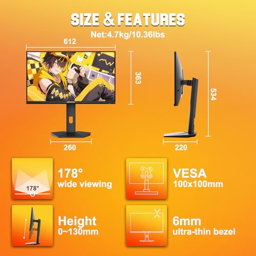 SANSUI Gaming Monitor 27 inch 1440p 200Hz 180Hz, WQHD Fast IPS 1ms Computer Monitor, FreeSync Premium | Brightness 400Nits | 130% sRGB | 10Bits | HDR | ErgoStand | VESA Mount | 2×DP 1.2 & 2×HDMI - size: 27.00001