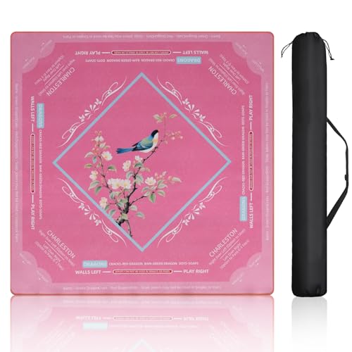 American Mahjong Mat with Rules for Table Floral Bird Design | Non Slip Noise Reduction Mah Jong Mat Mahjong Table Mat with Carry Bag for Playing Tiles Poker Board Games(Light Pink) - color: Light Pink