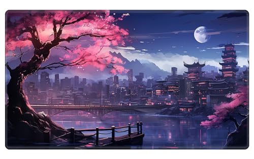 Card Playmat 70 x 40 cm Game Mats Tabletop Magic for MTG/TCG Cards, Trading Card Game Playing Stitched Commander Deck Gaming Desk Duel Mat Card Gameplay Mats, Cherry Flowers Moon Night - color: Cherry Flowers Moon Night, size: 27.5"X15.7"