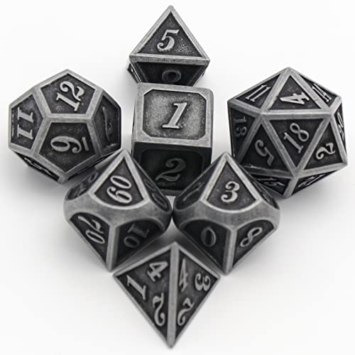 Metal Dice Set, HNCCESG Polyhedral D&D Dice for Dungeons and Dragons RPG DND Dice for Role Playing MTG Tabletop Gaming Shadowrun Pathfinder 7PCS D20 D12 D10 D8 D6 D4（Ancient Silver） - color: Ancient Silver