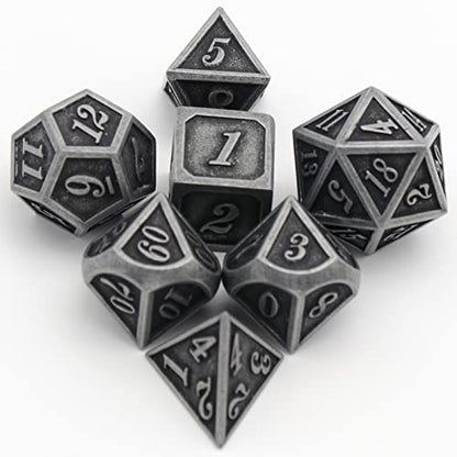 Metal Dice Set, HNCCESG Polyhedral D&D Dice for Dungeons and Dragons RPG DND Dice for Role Playing MTG Tabletop Gaming Shadowrun Pathfinder 7PCS D20 D12 D10 D8 D6 D4（Ancient Silver） - color: Ancient Silver
