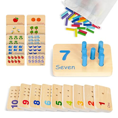 TOOKYLAND Peg Board Toddler Toys, Counting Wooden Toys with 55 Pegs | Wooden Math Manipulatives, Montessori Math and Numbers for Kids & Kindergarten Learning Activities