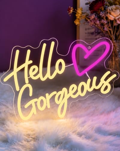 Hello Gorgeous Neon Signs for Wall Decor, Hello LED Lighted & Neon Signs with Dimmable Led Sign for Home Wedding Birthday Backdrop Party Decoration (15.7x11 Inch) - color: Hello Gorgeous