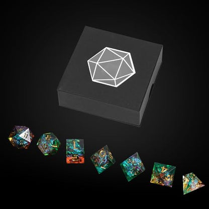 7PCS DND Dice Set,Handmade Sharp Edge Dice Set D&D RPG Polyhedral Die,for Dungeons and Dragons TTRPG Games Roleplaying Games Pathfinder,with Gift Box(Green with Brown) - color: Starry Sky(green With Brown)