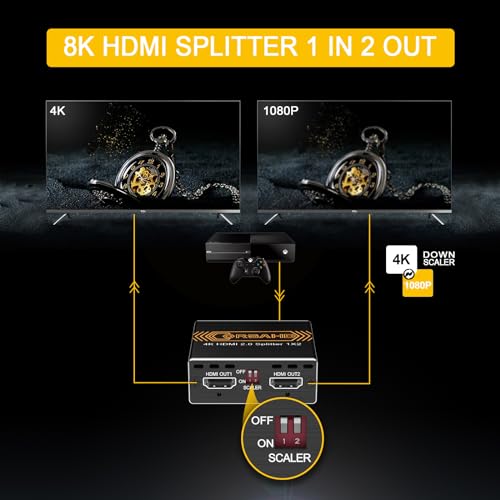 CORSAHD 4K@60Hz HDMI Splitter 1x2 4:4:4,18 Gbps,Supports Soundbar,HDCP Bypass,EDID,Duplicate/Mirror/Copy,Downscale, HDR,Dolby Vision Atmos,4K HDMI Splitter 1 in 2 Out for Dual Monitors