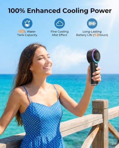 Portable Fan with Mist, Handheld Fan with 1-199 Speed, AC-Level Ice Cooling Personal Fan, 26000 RPM Powerful Turbo Fan, 40ml Water Tank & 5000mAh Battery Mini Fan for Travel, Makeup, Camping, Outdoors - color: Mavic black
