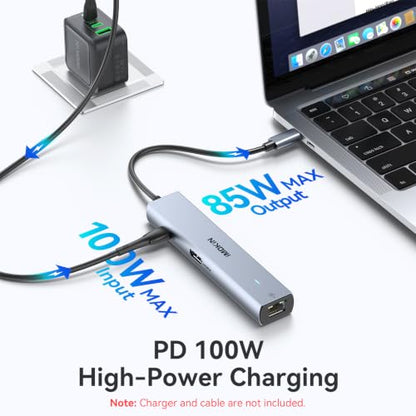 MOKiN 10Gbps USB C Hub Ethernet, 7 in 1 USB C Adapter for MacBook Pro/Air with 4K@60HZ HDMI, 3*USB-C 10Gbps Data, RJ45, USB 2.0, 100W PD, USB C Dongle for MacBook Pro/Air/Dell/HP/Thinkpad/Lenovo. - color: Gray