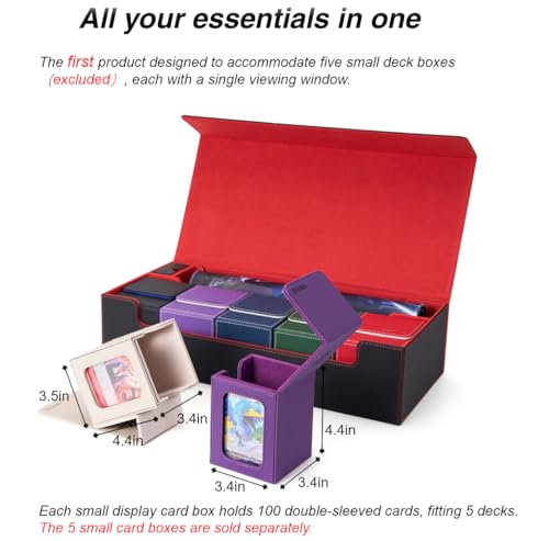 MTG Deck Box Holds 5 Display Card Deck Boxes with Playmat and Dice Box,Includes 10 colorful dividers and 1 card supporter, Trading Card Storage Box For Magic Game Cards (Black and Red) | Holds 5 Deck Boxes (not included)/650 Single/520 Double-Sleeved Card
