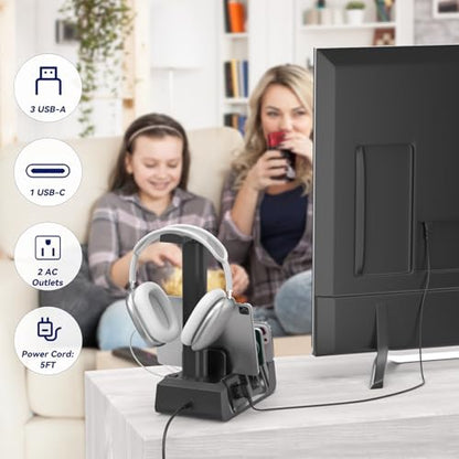 KDD Charging Station with 6 Charging Cables - Fast Charging 6 in 1 Cellphone Charging Dock with Headphone Stand and Watch Holder - 2 AC&USB A&USB C, Storage Station for Smartphone,Tablets, AppleWatch