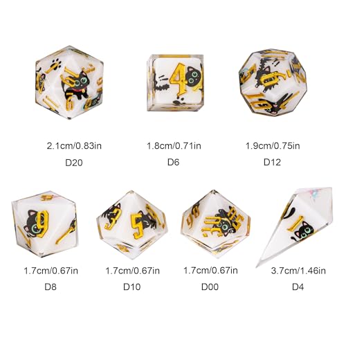 Cusdie 7-Piece Sharp Edges DND Dice Set - Cute Black Cat Stickers Inside - Perfect for Tabletop RPGs and Board Games - color: Black Cat Sticker