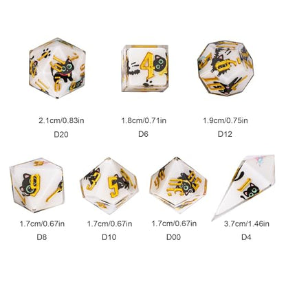 Cusdie 7-Piece Sharp Edges DND Dice Set - Cute Black Cat Stickers Inside - Perfect for Tabletop RPGs and Board Games - color: Black Cat Sticker