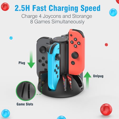 MARSDOCK Controller Charging Dock for Nintendo Switch Joycon | Charger Station Compatible with Switch OLED JoyCon, Controller Charger Stand Station with 8 Game Slots, 3.3FT Cable, LED