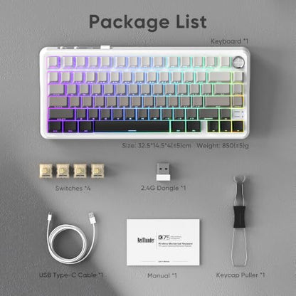 RedThunder K75 Wireless Mechanical Keyboard, CNC Knob, Tri-Mode BT5.0/2.4GHz/USB-C Hot Swappable Custom, Cremy Sound, Pre-lubed Linear Switches, RGB Gaming Keyboard, Side Fonts, Gradient White-Gray - color: S Gradient White-Gray
