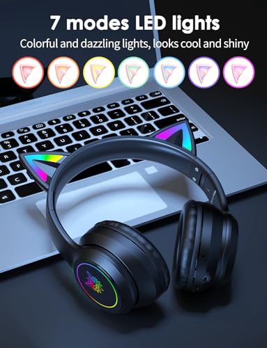 Cat Ear Bluetooth Headphones for Kids & Adults, 55H Play Time, Wireless Foldable & Wired Multi-Function LED Light Up Over Ear Headphones with Mic and Volume Control for iPhone/iPad/Laptop/PC - style: Adults-105dB-Black