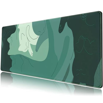 Cute Green Cat Desk Mat Extended Mouse Pad Large Gaming Mousepad XL Long Desk Pad Minimalist Laptop Keyboard Pad Deskmat Deskpad Desktop Mouse Mat Big 31.5"x11.8" with Stitched Edges - color: Green Cat
