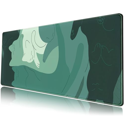 Cute Green Cat Desk Mat Extended Mouse Pad Large Gaming Mousepad XL Long Desk Pad Minimalist Laptop Keyboard Pad Deskmat Deskpad Desktop Mouse Mat Big 31.5"x11.8" with Stitched Edges - color: Green Cat