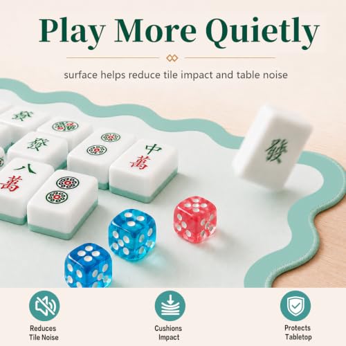 Complete Mahjong Mat Set, 32.4"x32.4" Green Scalloped Edge Table Cover, Non-Slip & Noise Reduction Gaming Mat with Carrying Bag, Rules, Chips, Wind Marker for Poker & Board Games - color: Green-set