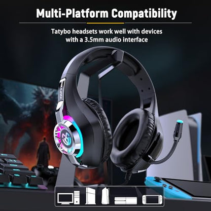 Tatybo Gaming Headset for PC, Ps5, Ps4, Switch, Mobile, Xbox Headset with Deep Bass Stereo Sound, Over Ear Gaming Headphones with Noise Canceling Mic, RGB, Black - color: BLACK