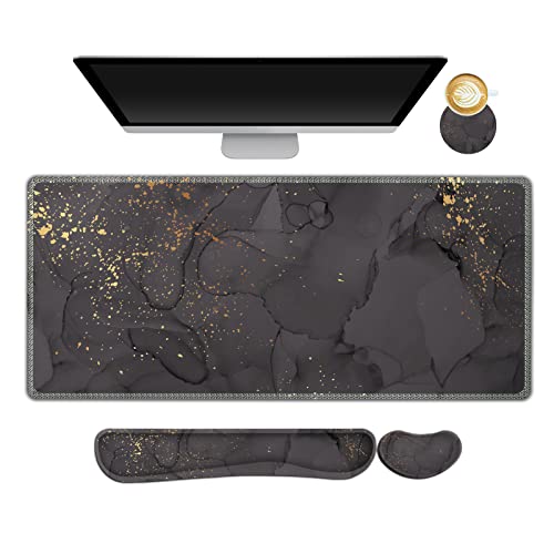 ARTSO Gaming Mouse Pad Wrist Support Set, XXL Large Desk Mat Mousepad + Keyboard Wrist Support+ Mouse Wrist Rest+Coaster 4in1 Ergonomic, Memory Foam, Stitched Edge for Home Office -Black Grey Marble - color: Black Grey Marble