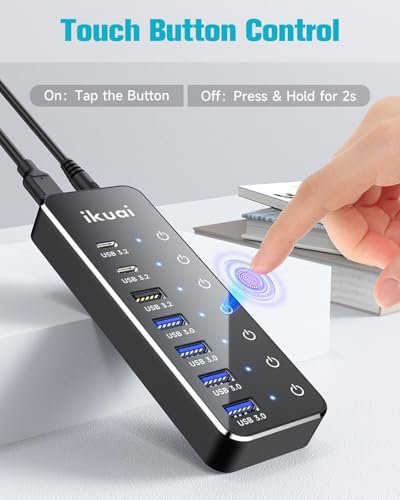 Powered USB Hub, ikuai 7-Port USB 3.2 / USB C Hub, with 3 10Gbps Data Ports (2 USB-C + 1 USB-A) and 4 USB A 3.0 Ports for PC Laptops - size: 7-Port USB 3.2 Hub