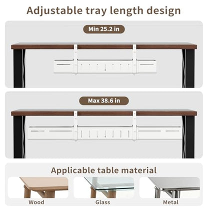 Under Desk Cable Management Tray, Expandable 25.2"–38.6" Cable Tray, White | No Drill Cable Management with Clamp Mount,Heavy Duty Carbon Steel Desk Cable Organizer,Wire Management for Office Home - color: White