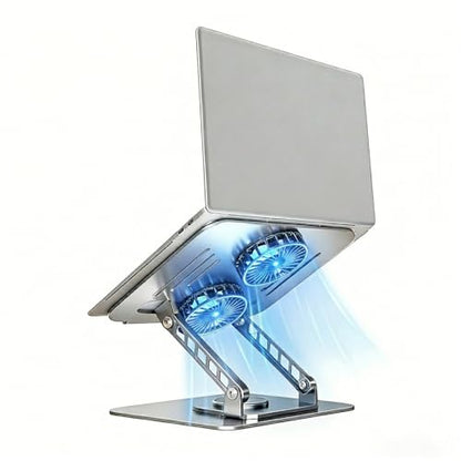 Laptop Stand with Cooling Fan, 360 Rotating Base Aluminum Laptop Riser, Foldable Ergonomic Computer Stand for Desk, Height Adjustable Notebook for All Laptops up to 17.3" (Silver) - color: Silver
